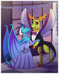 Size: 827x1026 | Tagged: safe, artist:inuhoshi-to-darkpen, imported from derpibooru, princess ember, thorax, changedling, changeling, dragon, ballroom, bowtie, clothes, commission, dancing, dress, female, grand galloping gala, king thorax, male, ship:embrax, shipping, straight, suit, tuxedo