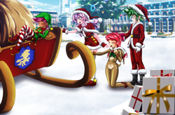 Size: 2996x1971 | Tagged: safe, alternate version, artist:mauroz, imported from derpibooru, apple bloom, scootaloo, spike, sweetie belle, human, anime, boots, christmas, christmas presents, christmas tree, clothes, costume, cutie mark crusaders, eyes closed, g4, hat, holiday, humanized, open mouth, santa costume, santa hat, shoes, tree