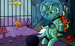 Size: 2480x1531 | Tagged: safe, artist:theponypretender, imported from derpibooru, lyra heartstrings, crab, fish, comic:a lyrabon adventure, ball and chain, chains, comic, cropped, diving helmet, female, g4, helmet, prison, sad, scuba gear, solo, underwater, water