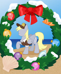 Size: 2700x3280 | Tagged: safe, imported from derpibooru, derpy hooves, pegasus, fanfic:sandy hooves and "sea"-sons greetings, beach, bow, cover art, fanfic art, female, fimfiction, hat, hearth's warming, mailmare, mailmare hat, mailmare uniform, mare, ocean, ornament, sand, seashell, snow, solo, solo female, water, wreath