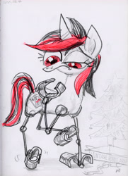 Size: 4000x5534 | Tagged: safe, artist:ja0822ck, imported from derpibooru, oc, oc:blackjack, unicorn, fallout equestria, fallout equestria: project horizons, christmas, christmas gift, christmas tree, fanfic art, holiday, present, prosthetics, robotic arm, traditional art, tree