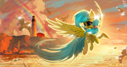 Size: 4096x2160 | Tagged: safe, artist:tinybenz, imported from derpibooru, oc, oc only, oc:zoran, oc:左岸, pegasus, pony, lighthouse, rainbow, sunshine