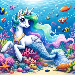 Size: 3072x3072 | Tagged: safe, imported from derpibooru, princess celestia, alicorn, fish, mermaid, merpony, seapony (g4), starfish, turtle, ai content, ai generated, bubble, coral, crepuscular rays, crown, cute, ethereal mane, female, fish tail, flowing mane, flowing tail, folded wings, g4, gem, horn, jewelry, looking at you, mare, ocean, peytral, pink eyes, prompter:bellaswangirl71, regalia, scales, sealestia, seaponified, seapony celestia, seaweed, smiling, smiling at you, solo, sparkles, species swap, starry mane, stars, sunlight, swimming, tail, underwater, water, wings