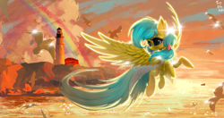 Size: 4096x2160 | Tagged: safe, artist:tinybenz, imported from derpibooru, oc, oc only, oc:zoran, oc:左岸, pegasus, pony, doctor, lighthouse, rainbow, sunshine