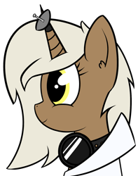 Size: 1093x1385 | Tagged: safe, artist:polynya, imported from twibooru, oc, oc only, oc:daybreak, pony, unicorn, antennae, bust, female, goggles, horn, image, mare, png, simple background, smiling, solo, transparent background, unicorn oc
