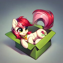 Size: 4096x4096 | Tagged: safe, imported from derpibooru, roseluck, pony, ai content, ai generated, behaving like a cat, box, collar, cute, generator:purplesmart.ai, generator:stable diffusion, pet tag, pony in a box, pony pet, prompter:doom9454, rosepet