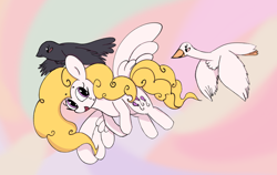 Size: 2942x1858 | Tagged: safe, artist:violavaquita, bird, crow, pegasus, pony, swan, female, flying, g1, mare, open mouth, spread wings, surprise (g1), wings