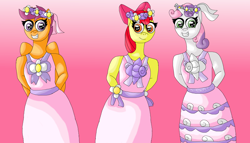 Size: 2876x1648 | Tagged: safe, artist:mojo1985, imported from derpibooru, apple bloom, scootaloo, sweetie belle, anthro, earth pony, pegasus, pony, unicorn, apple bloom's bow, bow, clothes, cutie mark crusaders, dress, female, filly, flower, flower filly, flower girl, flower girl dress, flower in hair, foal, gradient background, grin, hair bow, hands behind back, smiling, trio