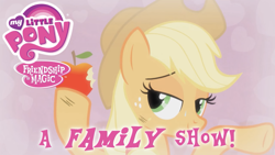 Size: 3359x1888 | Tagged: safe, edit, edited screencap, imported from derpibooru, screencap, applejack, earth pony, pony, season 4, simple ways, a family picture, a family show, apple, applejack's hat, bedroom eyes, caption, cowboy hat, dirty, editor needed, female, food, g4, hat, heart, logo, looking at you, male, mare, meme, nostalgia critic, offscreen character, ponies the anthology v, pov, sexy, show logo, smiling, solo, stetson, stupid sexy applejack, tallulah, text, what were they thinking, you know for kids