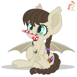 Size: 2000x2000 | Tagged: safe, artist:r4hucksake, imported from derpibooru, oc, oc:cookie cream, bat pony, pony, candy, candy cane, female, filly, foal, food, mouth hold, simple background, solo, transparent background