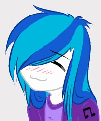 Size: 417x500 | Tagged: safe, artist:cant-stop-staring, imported from twibooru, dj pon-3, vinyl scratch, human, :3, blushing, bust, eyes closed, humanized, image, lucky star, maki drawgirl, needs more jpeg, solo, upper body