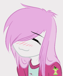 Size: 417x500 | Tagged: safe, artist:cant-stop-staring, imported from twibooru, applecore, human, :3, blushing, bust, eyes closed, humanized, image, lucky star, maki drawgirl, png, solo, upper body