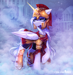 Size: 2912x2954 | Tagged: safe, artist:opal_radiance, imported from derpibooru, oc, oc:opal rosamond, alicorn, pegasus, pony, citizen, serious, soldier, solo, spartan