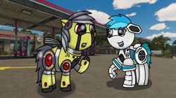 Size: 750x421 | Tagged: safe, artist:foxfer64_yt, imported from derpibooru, oc, oc:acceron, oc:thunder (gp.r 64000 robot pony), original species, pony, robot, robot pony, asking, city, day, duo, floppy ears, gas station, hawaii, looking at each other, looking at someone, photo, raised hoof, talking