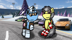 Size: 750x421 | Tagged: safe, artist:foxfer64_yt, imported from derpibooru, oc, oc only, oc:silverstream (robot pony), oc:thunder (fl), pegasus, pony, robot, robot pony, car, christmas, christmas tree, duo, holding, holiday, looking at someone, looking at you, paper, paperholder, photo, sitting, tree, winter