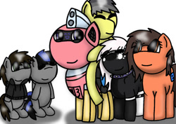 Size: 749x531 | Tagged: safe, artist:foxfer64_yt, imported from derpibooru, oc, oc only, oc:juju, oc:onyxstar (fl), oc:razor uniboop, oc:robertapuddin, oc:thunder (fl), oc:trackhead, earth pony, original species, pegasus, pony, robot, robot pony, eyes closed, group hug, group photo, happy, hug, looking at each other, looking at someone, riding, riding a pony, sitting, smiling