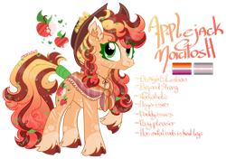 Size: 1920x1349 | Tagged: safe, artist:mrufka69, imported from derpibooru, applejack, pony, alternate design, cloven hooves, demigirl pride flag, female, lesbian pride flag, mare, nose piercing, nose ring, piercing, pride, pride flag, raised hoof, reference sheet, shawl, simple background, solo, tail, tail wrap, transparent background