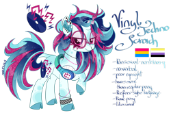 Size: 1920x1265 | Tagged: safe, artist:mrufka69, imported from derpibooru, dj pon-3, vinyl scratch, pony, alternate design, augmented horn, cloven hooves, ear piercing, earring, g4, headphones, horn, jewelry, nonbinary, nonbinary pride flag, nose piercing, nose ring, pansexual pride flag, piercing, pride, pride flag, raised hoof, reference sheet, solo, sunglasses