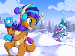 Size: 1032x774 | Tagged: safe, artist:sirzi, imported from derpibooru, smolder, spike, dragon, blue eyes, clothes, dragoness, earmuffs, eyelashes, female, g4, gloves, green eyes, grin, hat, male, mittens, open mouth, scarf, smiling, snow, snowball, snowball fight, winter, winter hat, winter outfit