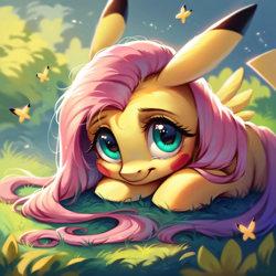 Size: 4096x4096 | Tagged: safe, imported from derpibooru, fluttershy, butterfly, hybrid, pegasus, pikachu, poképony, pony, absurd resolution, ai content, ai generated, crossover fusion, crying, cute, eyebrows, female, g4, generator:pony diffusion v6 xl, generator:purplesmart.ai, generator:stable diffusion, looking at you, lying down, mare, outdoors, pokefied, pokémon, prompter:pawels, prone, shyabetes, solo, teary eyes