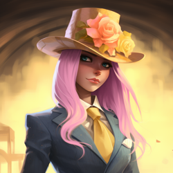 Size: 1024x1024 | Tagged: safe, editor:jesterofdestiny, imported from derpibooru, fluttershy, human, ai content, ai generated, clothes, flower, generator:midjourney, hat, humanized, looking at you, necktie, suit