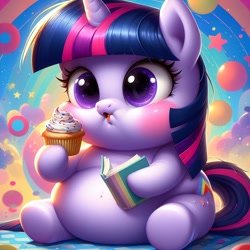 Size: 1024x1024 | Tagged: safe, imported from derpibooru, twilight sparkle, ai content, ai generated, book, cupcake, fat, food, prompter:inflationvideotv, solo, twilard sparkle