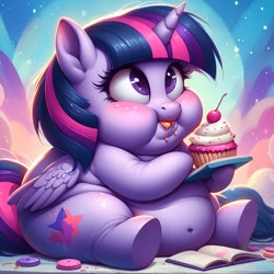 Size: 1024x1024 | Tagged: safe, imported from derpibooru, twilight sparkle, alicorn, ai content, ai generated, book, cupcake, fat, food, morbidly obese, obese, prompter:inflationvideotv, solo, twilard sparkle, twilight sparkle (alicorn)