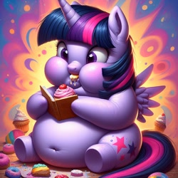 Size: 1024x1024 | Tagged: safe, imported from derpibooru, twilight sparkle, alicorn, ai content, ai generated, book, cupcake, fat, food, morbidly obese, obese, prompter:inflationvideotv, solo, twilard sparkle, twilight sparkle (alicorn)