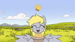 Size: 1920x1080 | Tagged: safe, artist:quotepony, edit, editor:derpsa, imported from derpibooru, derpy hooves, pegasus, pony, basket, cute, eyes closed, female, food, happy, mare, marequest, marequest:ait, muffin, open mouth, solo, solo female, spread wings, wings