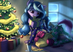 Size: 3508x2480 | Tagged: safe, artist:playful wings, imported from derpibooru, izzy moonbow, sunny starscout, earth pony, pony, unicorn, bum flap, christmas, christmas tree, clothes, cookie, cute, food, g5, holiday, milk, onesie, pajamas, present, tree