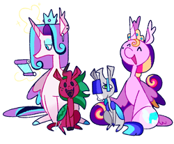 Size: 2048x1699 | Tagged: safe, artist:goatpaste, imported from derpibooru, princess flurry heart, oc, oc:crimson sweet, oc:oro, oc:skyla, alicorn, changeling, changepony, hybrid, pony, airpods, interspecies offspring, magical lesbian spawn, offspring, parent:princess cadance, parent:queen chrysalis, parent:shining armor, parents:cadalis, parents:shining chrysalis, parents:shiningcadance, simple background, white background