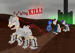 Size: 3508x2480 | Tagged: safe, artist:samenandsam, imported from derpibooru, oc, oc only, oc:blackjack, oc:morning glory (project horizons), oc:p-21, oc:rampage, earth pony, pegasus, pony, unicorn, fallout equestria, fallout equestria: project horizons, armor, armored pony, bag, barbed wire, blood, clothes, energy weapon, fanfic art, gun, high res, horseshoes, jumpsuit, meme, open mouth, pipbuck, rage, rage face, spikes, swearing, text, vault suit, vulgar, weapon