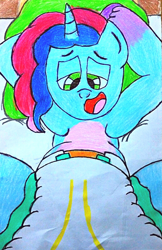 Size: 1934x2990 | Tagged: safe, artist:bitter sweetness, imported from derpibooru, pony, unicorn, abdl, adult foal, diaper, diaper fetish, fetish, g5, looking at you, misty brightdawn, non-baby in diaper, poofy diaper, traditional art