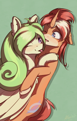 Size: 1200x1875 | Tagged: safe, artist:aterhut, imported from twibooru, oc, oc only, oc:rettie, oc:teadrop, pegasus, pony, unicorn, duo, female, floppy ears, green background, hug, image, looking at someone, looking at you, mare, one eye closed, png, simple background, wink
