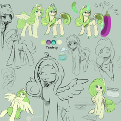 Size: 2000x2000 | Tagged: safe, artist:aterhut, imported from twibooru, oc, oc only, oc:teadrop, kirin, pegasus, pony, cookie, eyes closed, female, food, gray background, hoof hold, image, knife, looking at you, mare, mouth hold, offscreen character, petting, png, quadrupedal, reference sheet, signature, simple background, sitting, solo, spread wings, wings