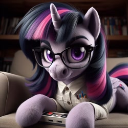 Size: 1024x1024 | Tagged: safe, imported from ponybooru, twilight sparkle, alicorn, pony, ai content, ai generated, angry video game nerd, bing, clothes, controller, couch, female, fluffy, glasses, looking at you, lying down, mare, nerd, nintendo entertainment system, parody, pen, prone, shirt, solo, twilight sparkle (alicorn)