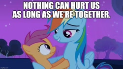 Size: 889x500 | Tagged: safe, edit, edited screencap, imported from derpibooru, screencap, rainbow dash, scootaloo, pegasus, pony, sleepless in ponyville, cute, cutealoo, dashabetes, duo, female, filly, foal, grin, hug, looking at each other, looking at someone, luigi, mare, mario, meme, night, parody, reference, scene parody, scootalove, siblings, sisters, smiling, starry night, super mario bros., the super mario bros. movie, winghug, wings