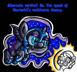 Size: 1162x1086 | Tagged: safe, artist:darkone10, artist:legaspingman, imported from derpibooru, nightmare moon, oc, oc:nyx, alicorn, pony, alicorn oc, black background, cute, dream orb, dream orbs, dream realm, dream walker, dreamscape, duo, duo female, female, filly, floating, foal, g4, horn, implied self ponidox, incoming, incoming self ponidox, nightmare woon, nyxabetes, ocbetes, self paradox, self ponidox, simple background, text, the fun has been doubled, tumblr:asktwilyandwoon, wings