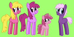 Size: 1385x692 | Tagged: safe, artist:katiesworldofponies36, berry punch, berryshine, cherry berry, ruby pinch, welch, earth pony, pony, unicorn, series:my little filly: friendship is magic, adult blank flank, aunt, aunt and niece, background pony, berrybetes, blank flank, cherrybetes, cute, daughter, family, father, father and child, father and daughter, female, filly, foal, g4, green background, headcanon, male, mare, mother, mother and child, mother and daughter, mother and father, ms paint, pinchybetes, simple background, smiling, stallion, welchabetes