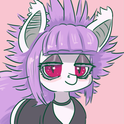 Size: 717x717 | Tagged: safe, artist:fluor1te, imported from derpibooru, oc, oc only, oc:mockery, bat pony, pony, bat ears, bat pony oc, bat wings, clothes, collar, digital art, ear piercing, eyelashes, eyeshadow, female, looking at you, makeup, mane, mare, nose piercing, piercing, pink background, purple hair, purple mane, purple tail, red eyes, simple background, slit pupils, solo, tail, white body, white coat, white fur, wings