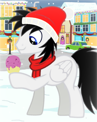 Size: 828x1040 | Tagged: safe, artist:star-heart2002, imported from derpibooru, oc, oc:shane park, pegasus, city, clothes, food, hat, ice cream, ice cream cone, male, scarf, snow, solo, winter, winter hat