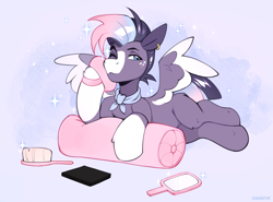 Size: 3310x2445 | Tagged: safe, artist:sugarstar, imported from derpibooru, oc, pegasus, pony, brush, ear piercing, lying down, piercing, solo, sparkles, spread wings, wings