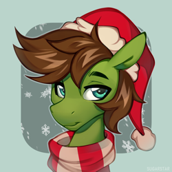 Size: 2500x2500 | Tagged: safe, artist:sugarstar, imported from derpibooru, oc, oc:kozzy, pony, christmas, clothes, hat, holiday, santa hat, scarf, smiling, snow, snowflake, solo