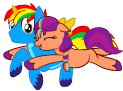 Size: 541x400 | Tagged: safe, artist:star-heart2002, imported from derpibooru, sunny starscout, oc, oc:shield wing, alicorn, earth pony, pony, eyes closed, female, g4, g5, g5 to g4, generation leap, hug, male, mare, ship:shieldscout, simple background, stallion, straight, transparent background