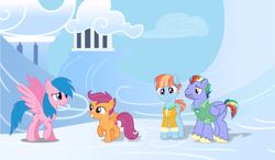 Size: 1859x1087 | Tagged: safe, artist:deratrox, artist:invisibleink, artist:mandash17, artist:roman-santos, imported from derpibooru, bow hothoof, firefly, scootaloo, windy whistles, pegasus, pony, clothes, cloudsdale, cute, cutealoo, father and child, father and daughter, female, filly, foal, freckles, g1, g4, generation leap, grandmother and grandchild, grin, headcanon, headcanon in the description, jacket, male, mare, mother and child, mother and daughter, reference in the description, scootadoption, scootalove, smiling, spread wings, stallion, story included, wings