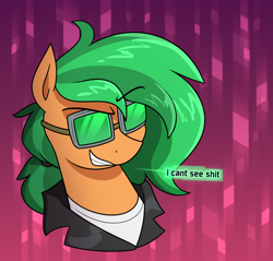 Size: 1376x1314 | Tagged: safe, artist:moonatik, imported from derpibooru, oc, oc only, oc:atom smasher, pegasus, abstract background, bust, clothes, female, goggles, i can't see shit, jacket, leather, leather jacket, mare, pegasus oc, ponytail, shirt, smiling, smirk, solo, vulgar, wings