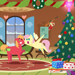 Size: 2160x2160 | Tagged: safe, anonymous artist, imported from derpibooru, big macintosh, fluttershy, oc, oc:late riser, earth pony, pegasus, pony, series:fm holidays, series:hearth's warming advent calendar 2023, a christmas story, advent calendar, alternate hairstyle, angry, argument, baby, baby pony, bb gun, christmas, christmas presents, christmas tree, clothes, colt, eyes closed, face grab, family, female, fluttershy's cottage, flying, foal, g4, gritted teeth, happy, high res, holiday, hoof hold, lineless, male, mare, offspring, one eye closed, open mouth, open smile, pajamas, parent:big macintosh, parent:fluttershy, parents:fluttermac, pointy ponies, present, ship:fluttermac, shipping, short mane, smiling, stallion, straight, teeth, tree