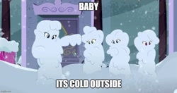 Size: 950x500 | Tagged: safe, imported from derpibooru, screencap, applejack, fluttershy, rainbow dash, rarity, human, equestria girls, equestria girls series, street chic, spoiler:eqg series (season 2), baby it's cold outside (song), caption, female, g4, meme, reference, snow, song reference, text, winter