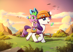 Size: 3508x2480 | Tagged: safe, artist:harukiicat, imported from derpibooru, rarity, spike, background, basket, duo, g4, gem, helmet, magic, magic aura, mining helmet, ribbon, smiling, sunset, walking