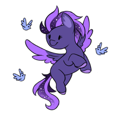 Size: 512x512 | Tagged: safe, artist:_candypone_, imported from derpibooru, oc, oc only, oc:shadow galaxy, bird, pegasus, pony, chibi, commission, ethereal mane, female, flying, hooves, mare, simple background, smiling, solo, starry mane, starry tail, tail, transparent background